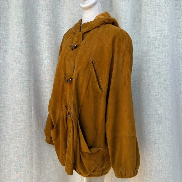 Vintage Italian brand mustard brown hooded zippedsoft suede leather jacket